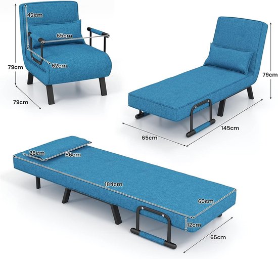 Coast Fauteuil - Slaapbank - 5 Posities - Max. 150 kg - 184 x 65 x 29 cm - blauw