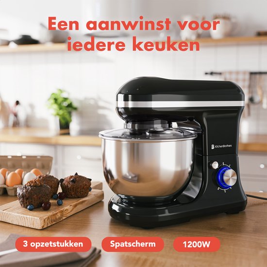 KitchenBrothers Keukenmachine & Mixer – 1200W – 5L RVS Mengkom – 6 Snelheden & Pulse – 36,9 x 23,1 x 33,4 cm – Zwart