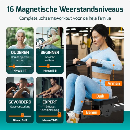 FITAGE Roeitrainer - Roeimachine 16 Weerstandniveaus - Roeiapparaat met Trainingsprogrammas en App - Roeitrainers - Inklapbaar