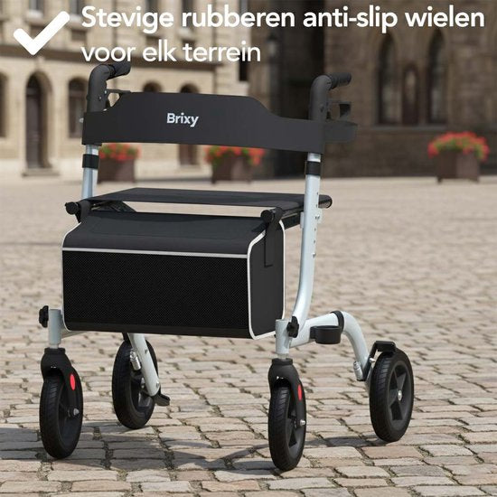 Brixy Rollator - Lichtgewicht En Opvouwbaar - Zitfunctie - Rugleuning, Tas En Wandelstokhouder - Grijs