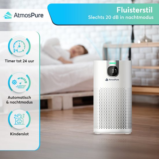 AtmosPure® CleanAir Luchtreiniger - Air Purifier met vervangbaar HEPA 13 + Koolstoffilter - CADR 250 m³/u - Wit - Voor 97 m² - Werkt tegen huisstofmijt, hooikoorts, allergieën, -3 standen + stille slaapstand - Luchtkwaliteit Sensor