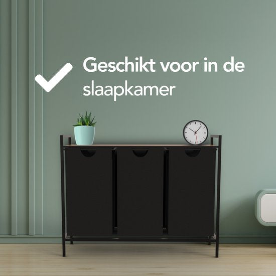 Brixy Wasmand 3 Vakken - Wassorteerder - Uitschuifbaar - Wasbox Metaal - 117L Inhoud - 90 x 33 x 70 cm - Zwart/Bruin