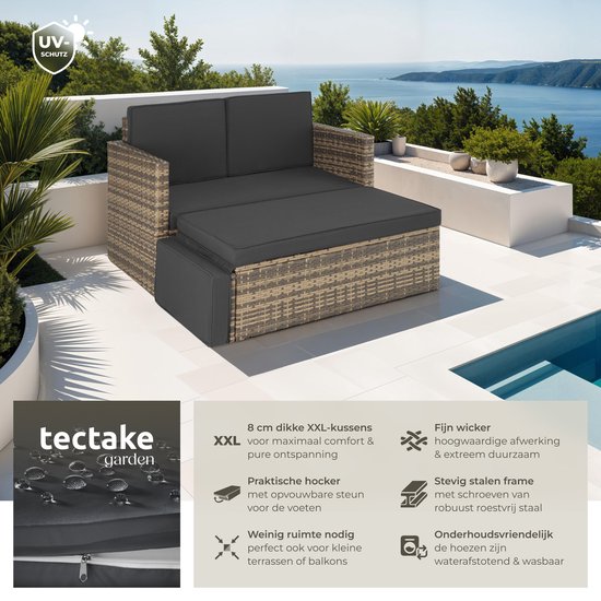 tectake® Wicker loungebank - Met voetenbank - Voor 2 personen - Loungebank met zit- en rugkussens - Weerbestendig - Ideaal voor terras, serren en balkon - Afmeting bank (LxBxH) 119 x 64,5 x 71,5 cm - Natuur