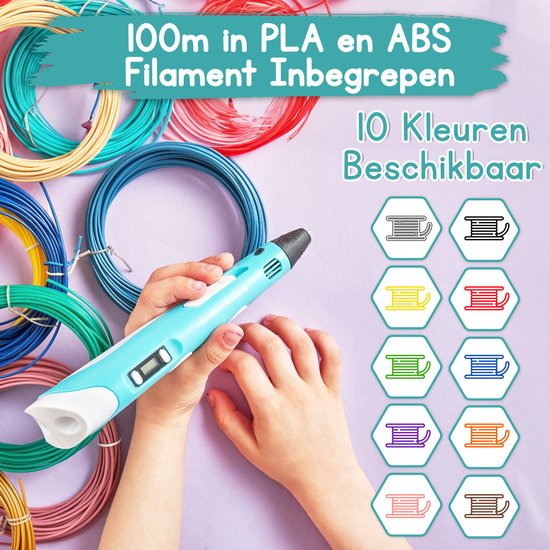 MM Brands 3D Pen Starterspakket - Inclusief 100m Filament in 10 Kleuren - Extra Lange Laadkabel - Geschikt voor ABS & PLA Filament - Blauw