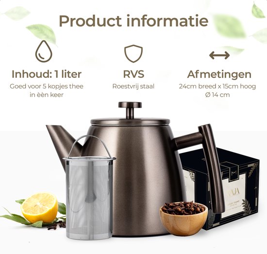 Vaja® Theepot Juliette Gun Metal - Dubbelwandig - 1 Liter - RVS Theekan met Filter