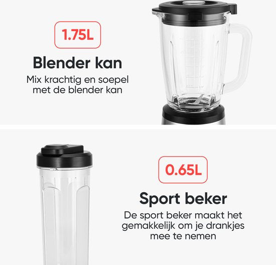 Kitchenwell Blender – Incl. To-Go Beker & Pulsefunctie – 1300 W – 17.2 x 21 x 43 cm – Grijs