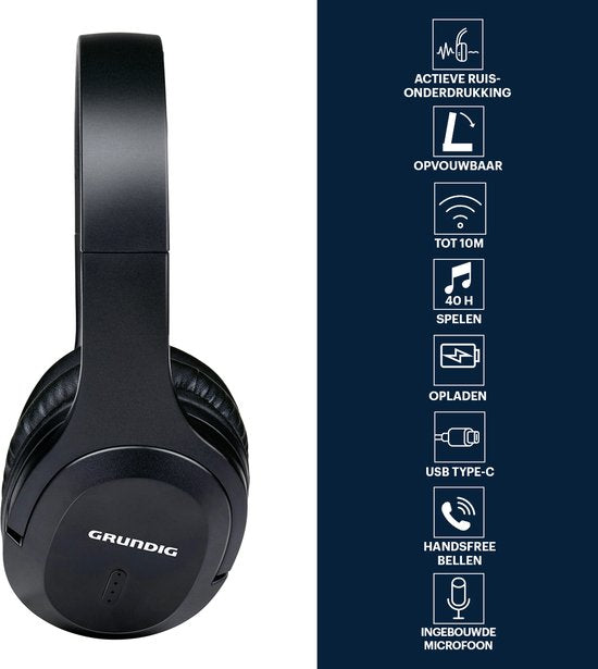 Grundig Bluetooth Koptelefoon - Hoofdtelefoon Draadloos - Over Ear Koptelefoon met 40 Uur Afspeeltijd - Draadloze Koptelefoon met Microfoon - Incl. Audio kabel 3.5mm en USB-C Oplaadkabel