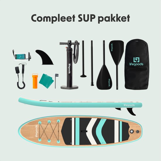 LifeGoods PaddlePro SUP Board - Opblaasbaar Paddle Board - Complete Set - Max. 150KG - 320x81cm - Hout/Mintgroen