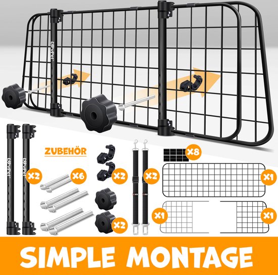 LovPet® Hondenrek Auto, Universele Auto Afscheiding, Verstelbare Breedte, Hoofdsteun Bagagerek Kofferbak Bescherming Afmetingen HxB 30 x 91-153 cm , + 2x Veiligheidsriem voor Honden - Zwart