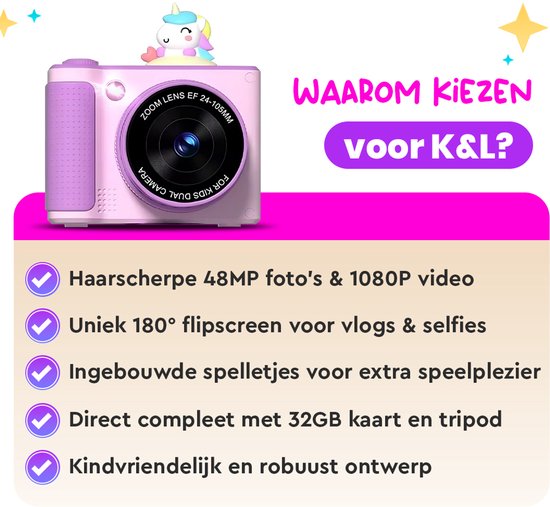 K&L Digitale Kindercamera Kids 32GB - Kinder vlog camera - Kindercamera's Digitaal - Fototoestel Kinderen - Kinderfototoestel