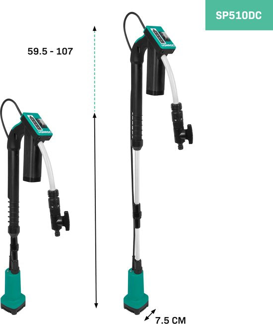 VONROC Regentonpomp 12V met accu - 50W - 1500 lt/u - met droogloopbeveiliging - universele tuinslangkoppeling - inclusief accu en oplader