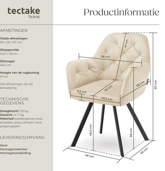 tectake Draaistoel – max. 120 kg – 58 x 58 x 87 cm – Crème