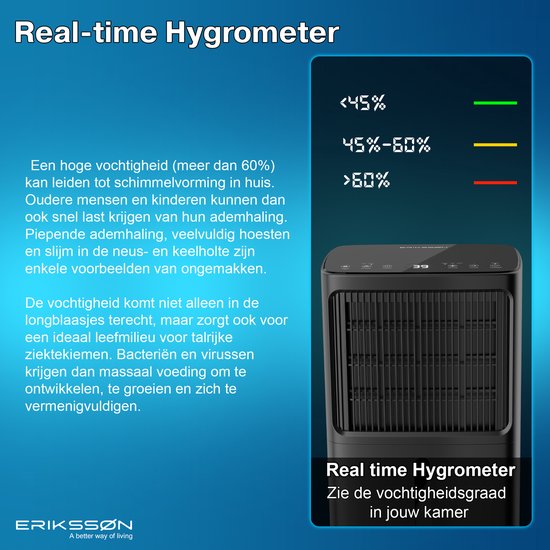 Erikssøn Luchtontvochtiger – 16L/Dag, Ingebouwde Hygrometer, 185W – 27,5 x 19,5 x 44 cm – Zwart