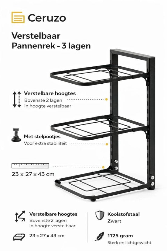 Ceruzo Verstelbaar Pannenrek - 3 lagen-Ruimtebesparend- Koolstofstaal – 23 x 27 x 43 cm