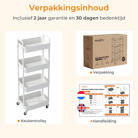 Posity Keukentrolley op wieltjes – Serveerwagen / Opbergtrolley / Keukenrek / Trolley Keuken – Verrijdbaar en Vast – 4 Lagen – Kunststof – Wit