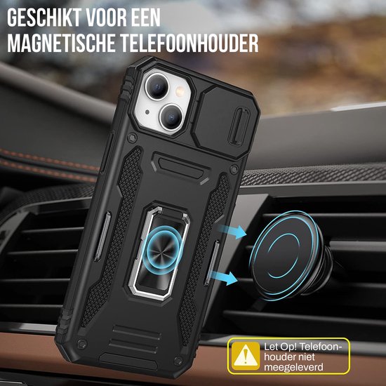 Podec Hoesje geschikt voor iPhone 14 Zwart Telefoonhoesje - Anti-Shock Case Cover Hybrid Armor Hoes met Kickstand Ring met Screenprotector