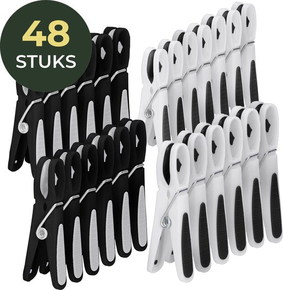 Gandria Wasknijpers 48 Stuks - Kunststof Wasknijpers - Set van 48 Plastic Knijpers - Wasrek Knijpers 10 Kg - Zwart/Wit en Wit/Zwart