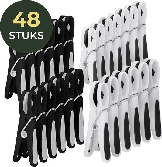Gandria Wasknijpers 48 Stuks - Kunststof Wasknijpers - Set van 48 Plastic Knijpers - Wasrek Knijpers 10 Kg - Zwart/Wit en Wit/Zwart