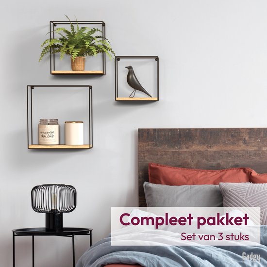 Gadgy Wandrekken Industrieel - Set van 3 - Vierkant Wandrek Zwart - Wanddecoratie Woonkamer - Muurdecoratie Hout - Wandplank zwevend voor Slaapkamer - 32, 27 en 22 cm