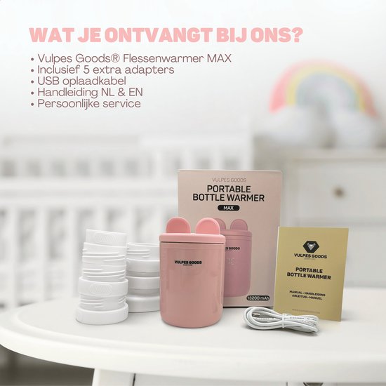 Vulpes Goods® BabyCare - Flessenwarmer Onderweg Pro Max - Draagbare Baby Flessenwarmer - Intelligente Flesverwarmer - 4 Temperatuurniveaus - Draadloos - Roze