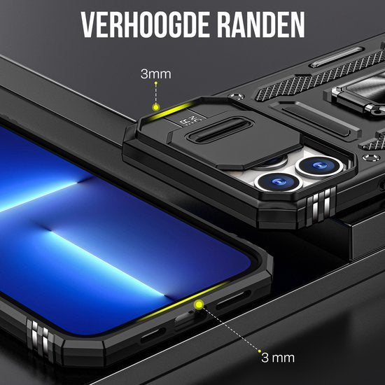 Podec Hoesje geschikt voor iPhone 12 Pro Zwart Telefoonhoesje - Anti-Shock Case Cover Hybrid Armor Hoes met Kickstand Ring met Screenprotector