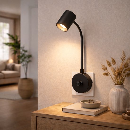 Smartwares IDE‑60066 – Dimbare Warm Witte Nachtlamp – 2700-3000K - 200 Lumen – Flexibele Hals – Direct in Stopcontact – Zwart – Leeslamp / Sfeerlamp