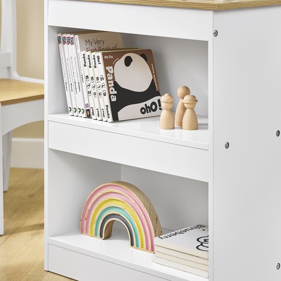 SoBuy KMB60-WN Kindertafel met Stoel, 2-delige set, tafel en stoel voor kinderen, bureau met 2 planken, papierhouders en opbergvakken, wit/Natuurel, 80 x 50 x 66 cm