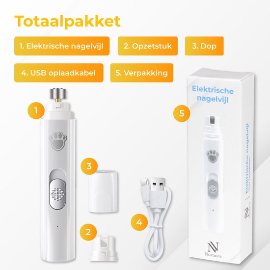 Nuvance - Elektrische Nagelvijl - voor Honden, Katten en Dieren - Usb Oplaadbaar - Diamant Vijlkop - Draadloos - Wit