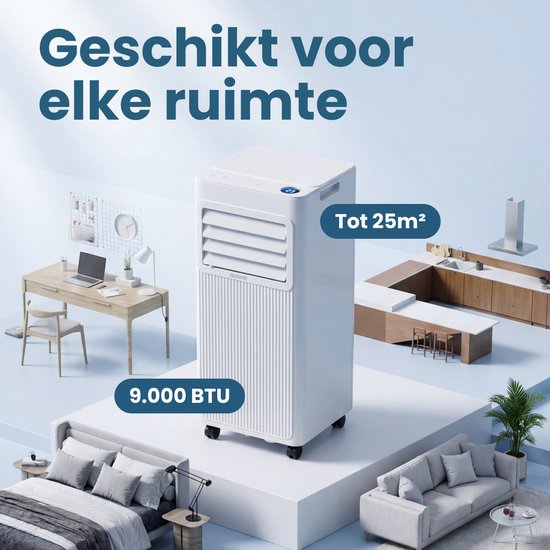 Auronic Mobiele Airco - 9.000 BTU - 3-in-1 - Airconditioning met 2 Raamafdichtingskits - Ventilator - Ontvochtiger - tot 25m² koelen - Wit