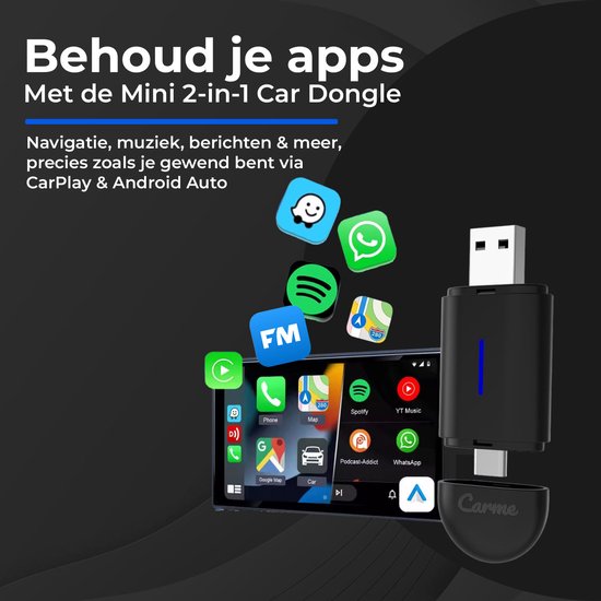 CarMe Mini 2-in-1 CarPlay Dongle - USB-A & USB-C - Draadloos CarPlay & Android Auto - Zwart