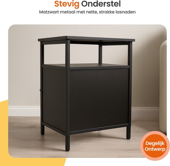 Goliving Nachtkastje - 40 x 40 x 60 cm - Opbergkastje met Deur en Planken - Hout - Industrieel - Bijzettafel Modern - Zwart