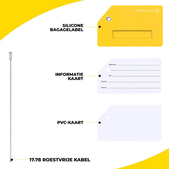 EverNeeds Siliconen Bagagelabels 5 Stuks – Geel – Kofferlabels 7.5×11.5 cm – Reisaccessoires Set