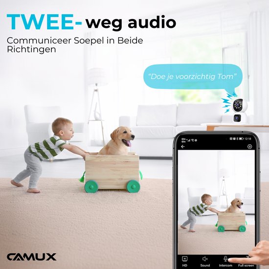 Camux DualVision Beveiligingscamera Binnen - 2MP Full HD Camera met Nachtzicht - Babyfoon - Baby monitor - Huisdiercamera met app - Hondencamera - Petcam