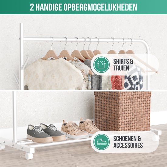 Avalo Kledingrek op Wieltjes Wit - Metaal - 100x40x156 - Opbergruimte Voor Schoenen
