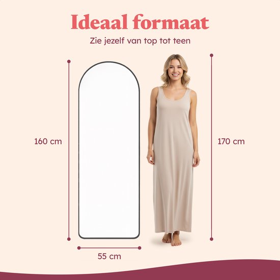 Fraay Passpiegel 160x55cm - Staand & Hangend - Minimalistische Wandspiegel - Staande Spiegel - Zwart Mat