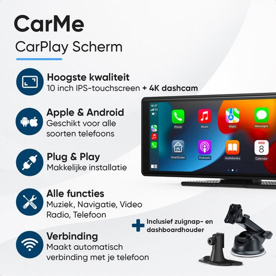 CarMe CarPlay Scherm 10 Inch - Met Ingebouwde Dashcam - Inclusief SD-Kaart - Apple CarPlay & Android Auto (Draadloos) - Touchscreen - Navigatiesysteem auto - Geschikt voor Apple CarPlay & Android Auto - Android Auto scherm