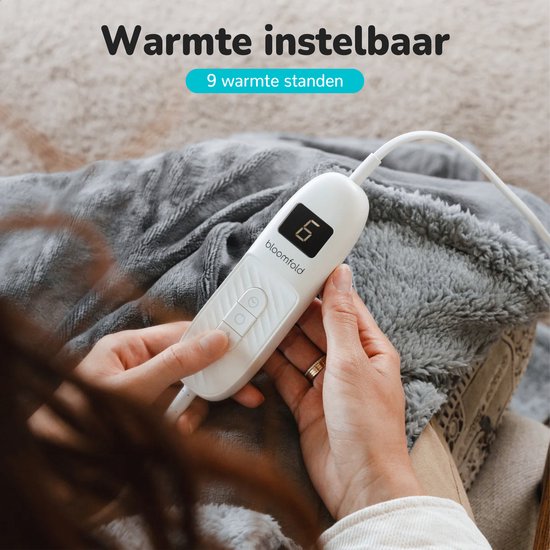 Bloomfold Elektrische Deken - 160 x 130 cm - Wasmachinebestendig - 1 Persoons - 9 Standen - Met Timer - Warmtedeken - Grijs/flannel