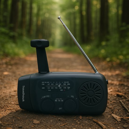 Travelhawk Noodradio - Draagbare Radio - Noodradio Solar Opwindbaar - Powerbank Zonneenergie - 2000 mAh - Zaklamp - Noodpakket - Zwart