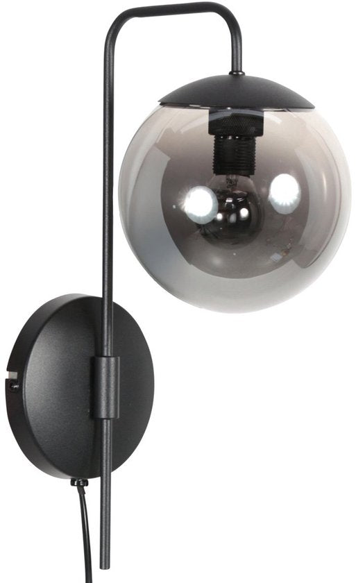 Wandlamp Bollique 4609ZW zwarte metalen wandlamp met smoke glas, E14 fitting, trendy stijl - Steinhauer