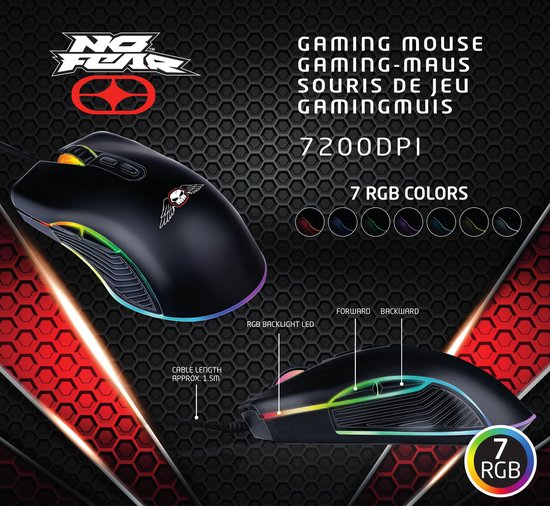 No Fear Gaming Muis - 7200dpi - RGB Muis met LED-Verlichting - 1.5M Kabel - USB 2.0 Aansluiting - Zwart