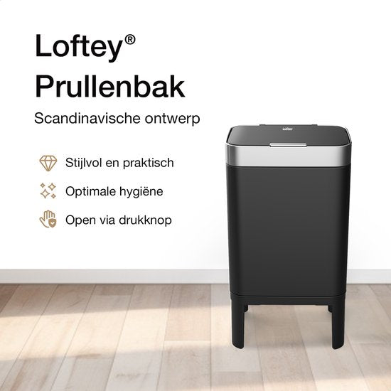 Loftey Prullenbak 60 Liter – Push/Touch - Duo 2x30L - Zwart/RVS