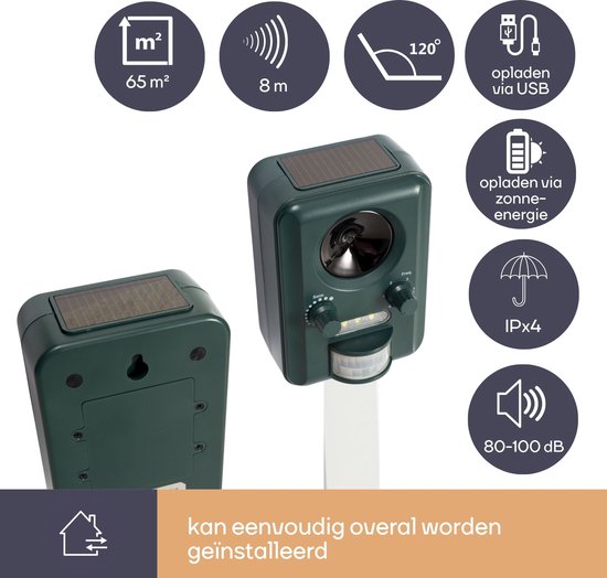 Perel Ultrasone ongedierteverjager op zonne-energie, outdoor, afweermiddel tegen muizen, ratten, insecten, katten, marters, vogels, vossen, kattenschrik, marterverjager, oplaadbaar via usb, tot 65m²