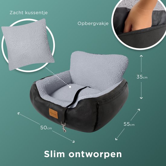 CozySense® Honden Autostoel - Hondenmand Auto met Veiligheidsriem & Opbergvak - Voor Kleine Hond - Voorbank of Achterbank - Zwart/Grijs