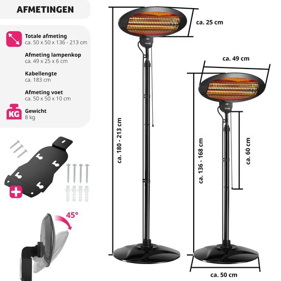 tectake® - Infraroodstraler - Luchtverhitter met stand- of wandmontage - Warmtelamp voor babyverschoontafel - Verwarmer badkamer - Infraroodstraler terras - Elektrische kachel - 2000W - 3 niveaus