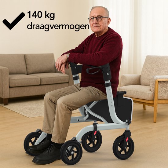 Brixy Rollator - Lichtgewicht En Opvouwbaar - Zitfunctie - Rugleuning, Tas En Wandelstokhouder - Grijs