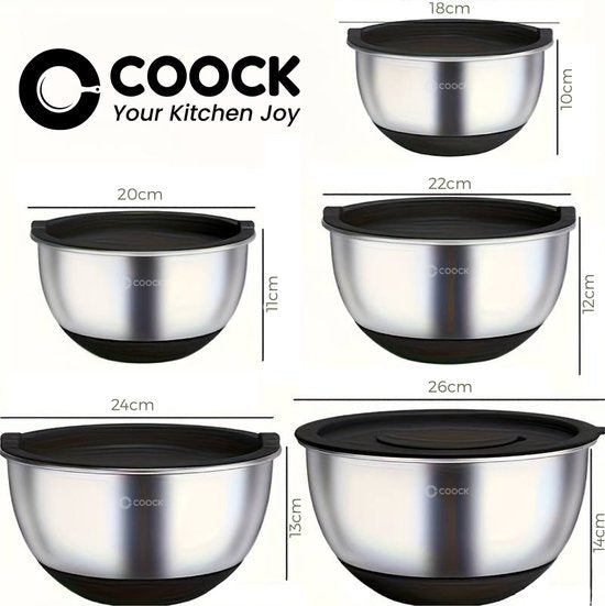 COOCK RVS Mengkommen set met Deksel - Beslagkommen met deksel - Bewaarbak met Rasp - Schaal voor Salades & Mengen - 22 Delige Set 1,5 t/m 5 Liter – Incl. Maatschepjes
