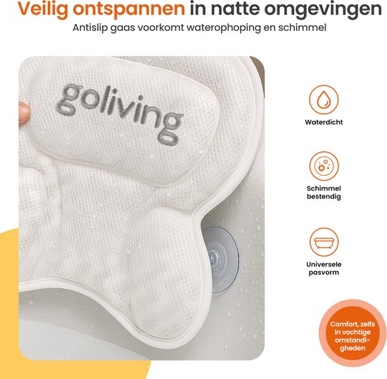 Goliving Badkussen - Ergonomisch Kussen voor in Bad - Met 6 Zuignappen - Inclusief Waszakje - Anti-Slip, Lichtgewicht & Waterdicht -100% Polyester - Wit