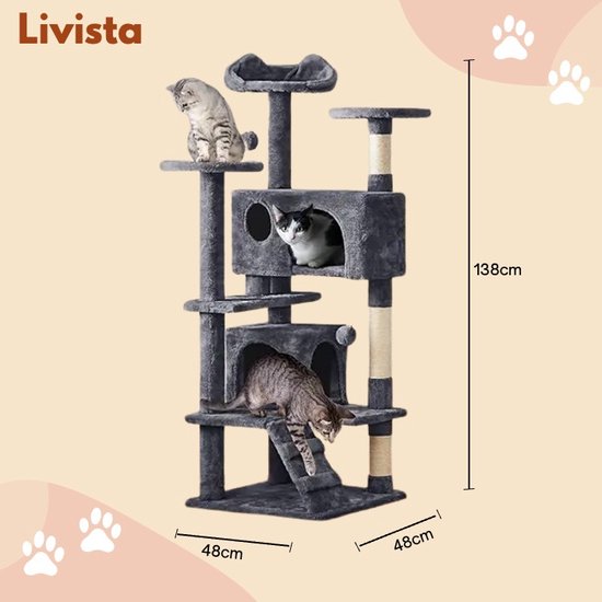 Livista Krabpaal voor Katten - 7 Verdiepingen - 138x48x48 CM - Donkergrijs - Krabpaal Voor Katten Van Alle Soorten