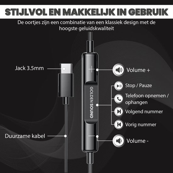 Golden Sound bedrade oordopjes - Oordopjes met draad en microfoon - USB-C aansluiting - Zwart
