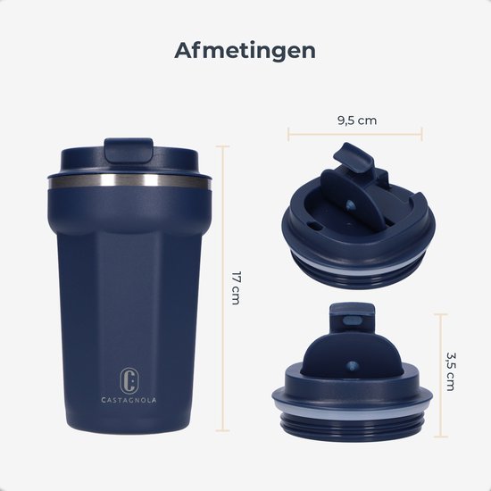 Castagnola Thermosbeker - Koffiebeker To Go - Travel Mug voor Koffie en Thee - Theebeker - 380 ML - RVS - Donkerblauw - Octagon
